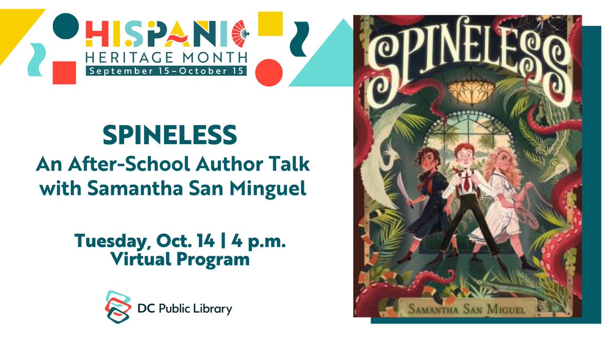 dcpl's tweet image. 🐊 Adventure awaits! Join author Samantha San Miguel for a special virtual after-school author talk about her middle-grade book “Spineless.”

📅 Tue, Oct 14 | 4 PM
💻 Virtual Program

Perfect for students &amp;amp; families who love science and adventure!
👉 bit.ly/46Fb0LS