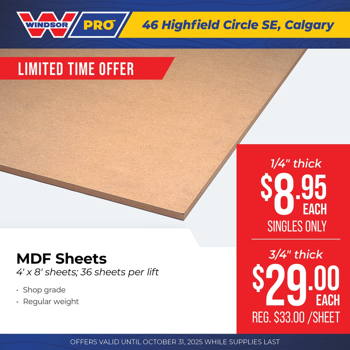 WindsorTotara's tweet image. 🚨 Limited time MDF savings! 🚨
👉 1/4&quot; MDF Sheets only $8.95 each
👉 3/4&quot; MDF Sheets only $29.00 each (reg. $33)

Perfect for cabinetry, shelving, and shop projects.

📅 Sale ends October 31, 2025.

#WindsorPlywood #WindsorCalgary #MDF #DIYProjects #Woodworking