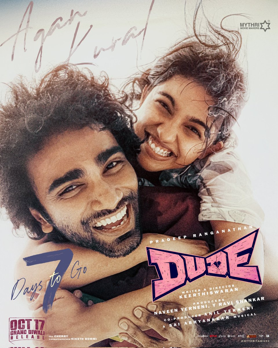 realsarathkumar's tweet image. 7 DAYS TO GO for this pair to light up the big screens this Diwali ❤️

#Dude Grand Festive Release on October 17th in Tamil &amp;amp; Telugu ✨

ICYM the DUDE&apos;S TOP GEAR - #DudeTrailer ❤‍🔥
▶️ bit.ly/DUDETrailer

 @pradeeponelife
🎬 Written and directed by @Keerthiswaran_
Produced…