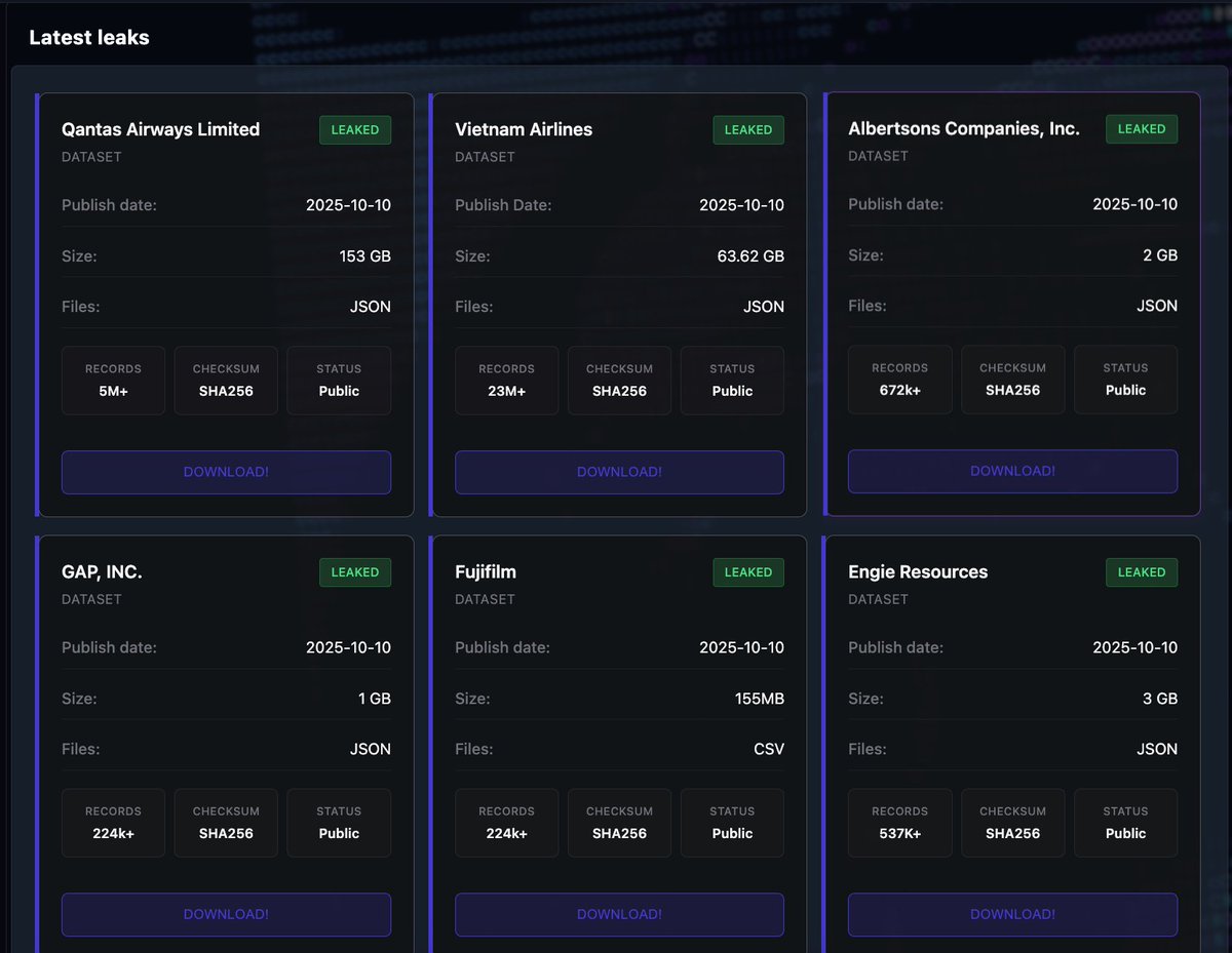 vxdb's tweet image. SLSH have published leaked for the following companies on their onion leak site:

Quantas Airlines
Vietnam Airlines
Albertsons
Gap
FujiFilm
Engie Resources