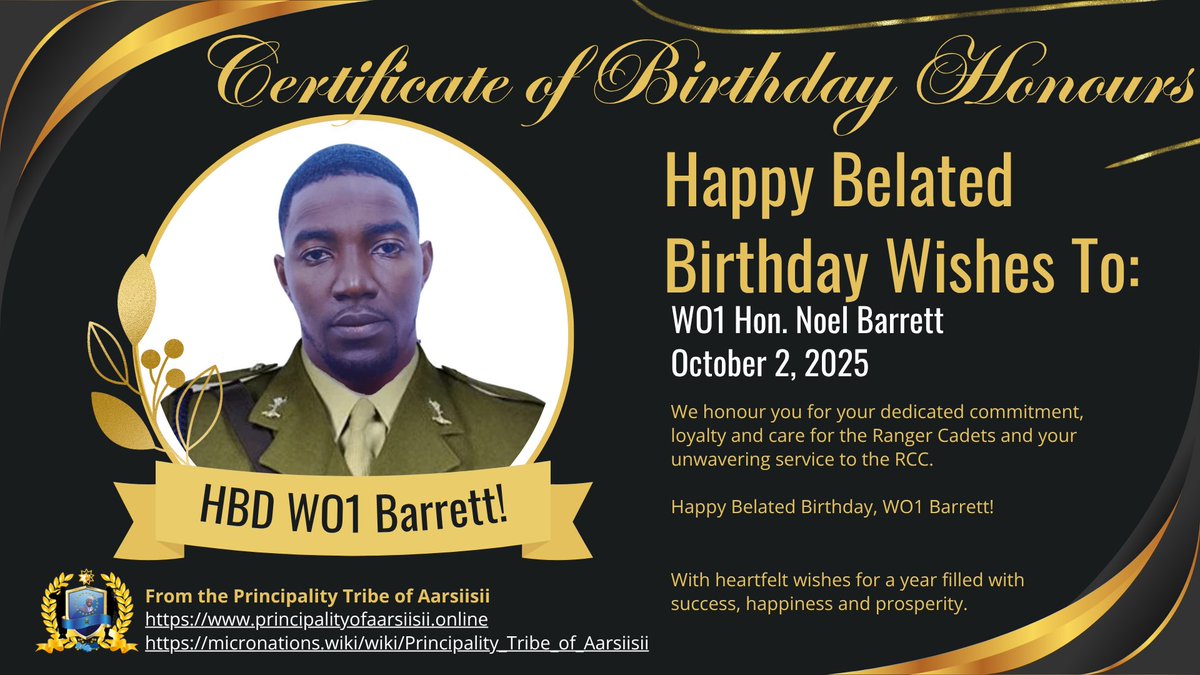 aarsiisii2024's tweet photo. Happy Belated Birthday to our October dearies, WO1 Hon. Noel Barrett who celebrated his birthday on Thursday 02.10.25, and Miss Navique Sterling who celebrated her birthday on Friday 03.10.25 https://t.co/oo3BwuEoNv