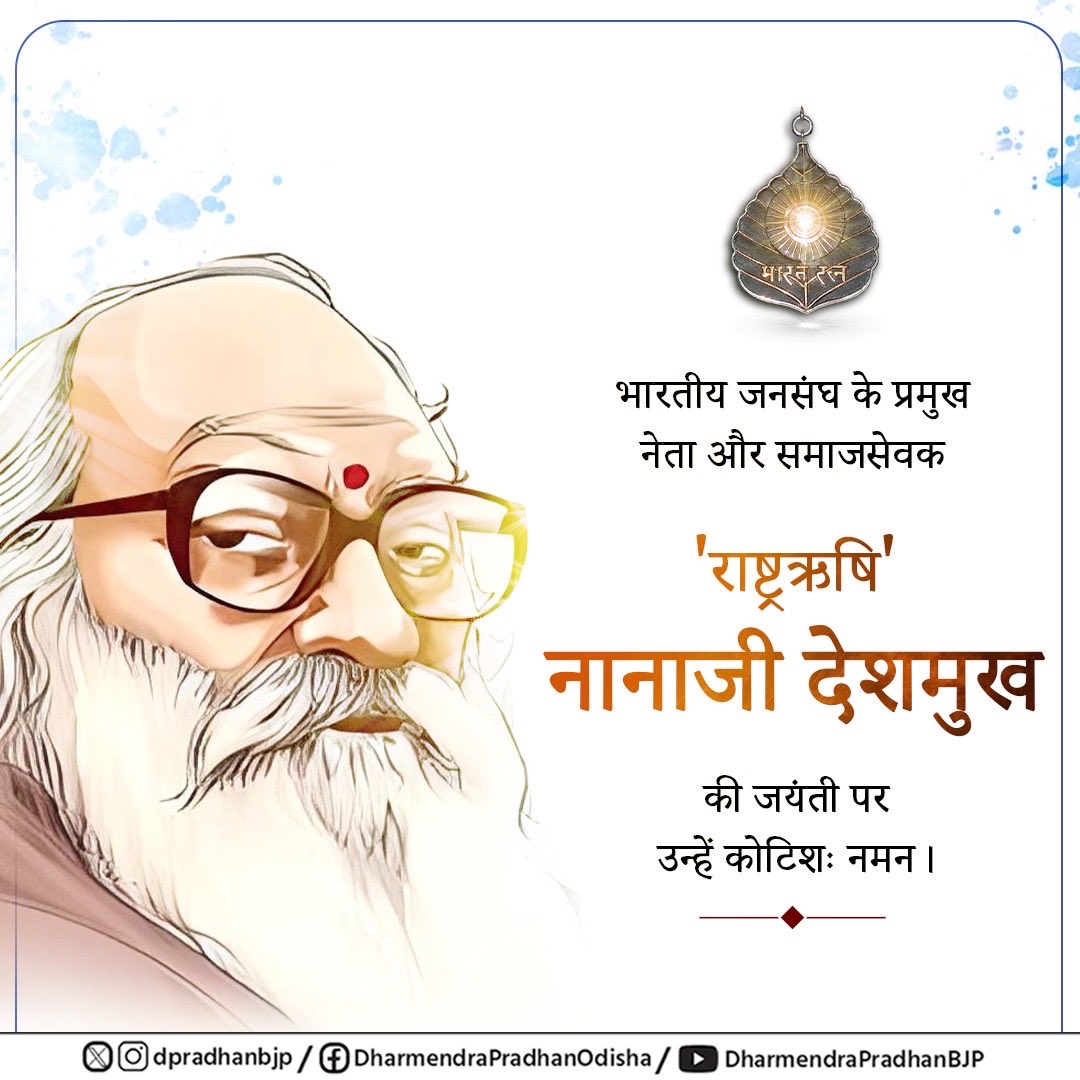 प्रखर राष्ट्रवादी चिंतक, भारतीय जनसंघ के संस्थापक सदस्य 'भारत रत्न' श्रद्धेय नानाजी देशमुख जी की जयंती पर उन्हें कृतज्ञतापूर्ण नमन करता हूँ। 

'राष्ट्रऋषि' नानाजी जी ने अपने जीवन को राष्ट्र और समाज के कल्याण के लिए समर्पित कर दिया। उन्होंने ग्रामोदय, शिक्षा और स्वावलंबन के माध्यम