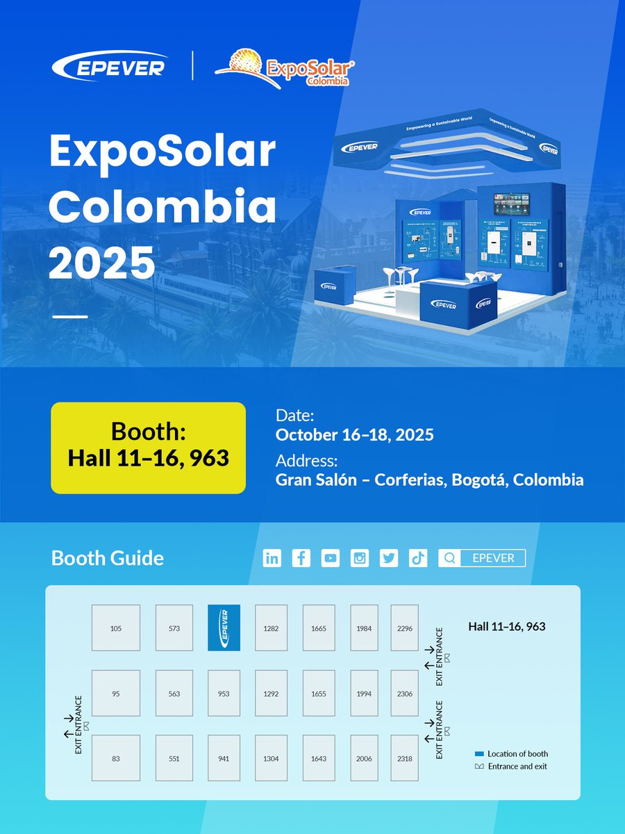 📣 We’re heading to ExpoSolar Colombia 2025! <a href="/ExposolarCol/">ExpoSolarColombia</a> 
Oct 16–18 | Gran Salón, Corferias, Bogotá
Booth: Hall 11-16, 963
Looking forward to connecting with fellow clean energy minds and sharing ideas that drive progress.
#ExpoSolarColombia #SmartSolar #CleanTech