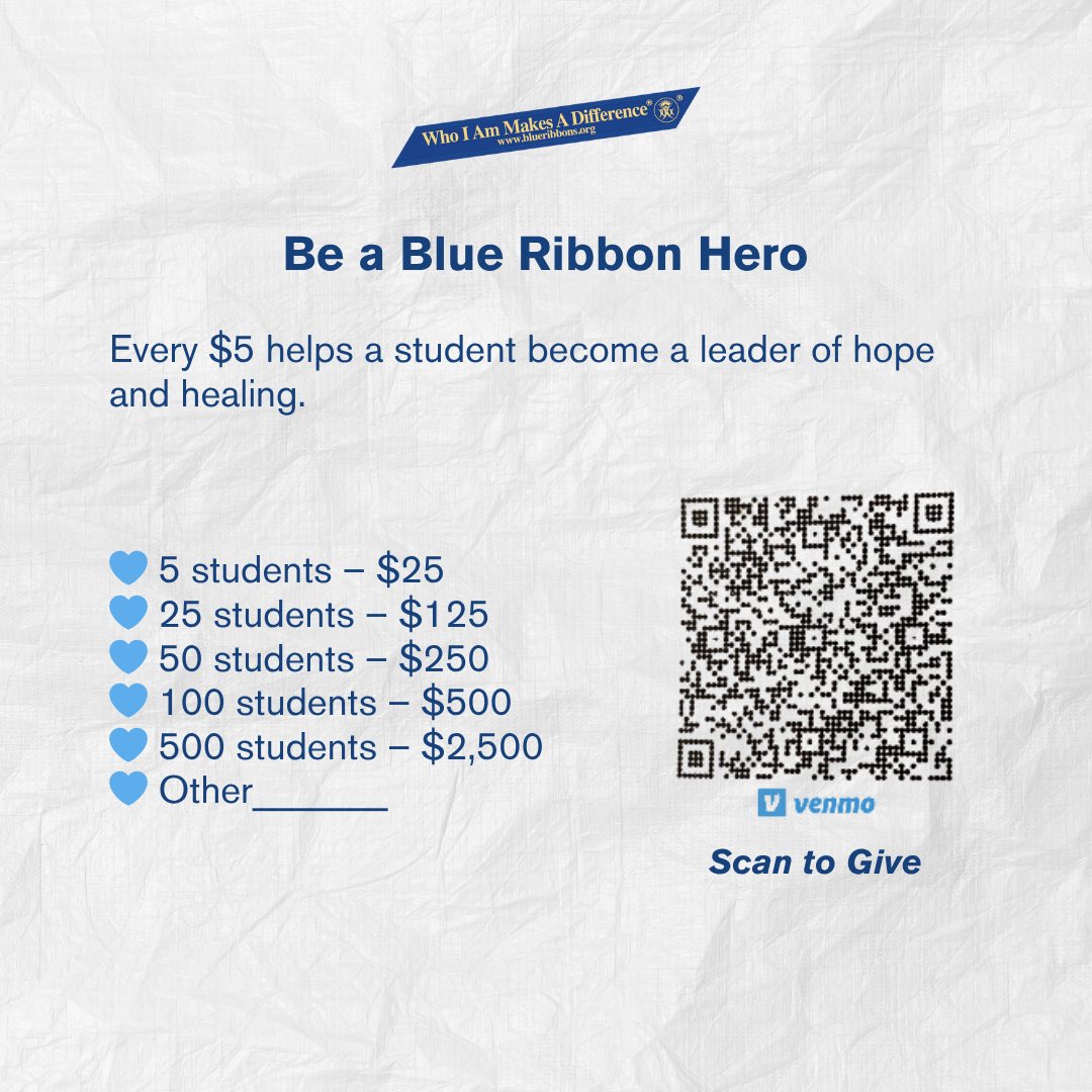 🌟 BE A BLUE RIBBON HERO 🌟

60 Seconds… Young People Become Leaders of Change

A movement giving kids a voice to save lives, stop violence, enhance health, and make dreams come true — in 60 seconds or less.

Donate here: blueribbons.org/order/donate/1