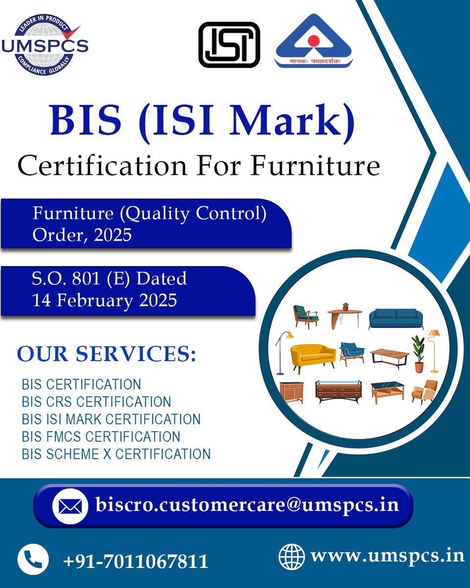 UMSPCS_Official's tweet image. 🪑✨ BIS (ISI Mark) Certification For Furniture ✨🪑
 📄Expert Support | 🕒 Quick Process | 🌐All India Assistance
📞 Call us: +91-7011067811
 🌍Visit: umspcs.in
#BISCertification #ISIMark #FurnitureCertification #QualityControlOrder2025 #BISIndia #BISRegistration