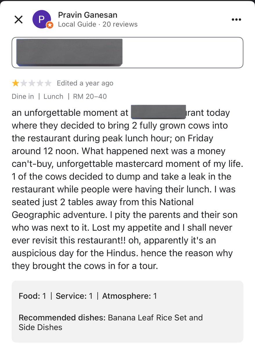 ZackAvaricious's tweet image. YO I JUST READ THE WILDEST REVIEW ON A LOCAL BANANA LEAF RESTAURANT