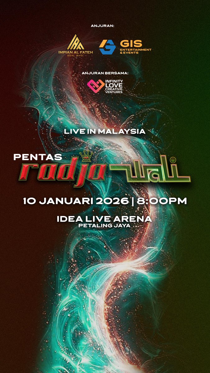 BernamaTV's tweet image. Gabungan dua kumpulan muzik terkenal Indonesia, Radja dan Wali, kini bersatu dalam sebuah konsert megah yang dinamakan “Pentas RadjaWali Live in Malaysia”, bakal berlangsung pada 10 Januari 2026 di Idea Live Arena, Petaling Jaya. 

#digitalbernamatv 
#konsert 
#Radja 
#Wali