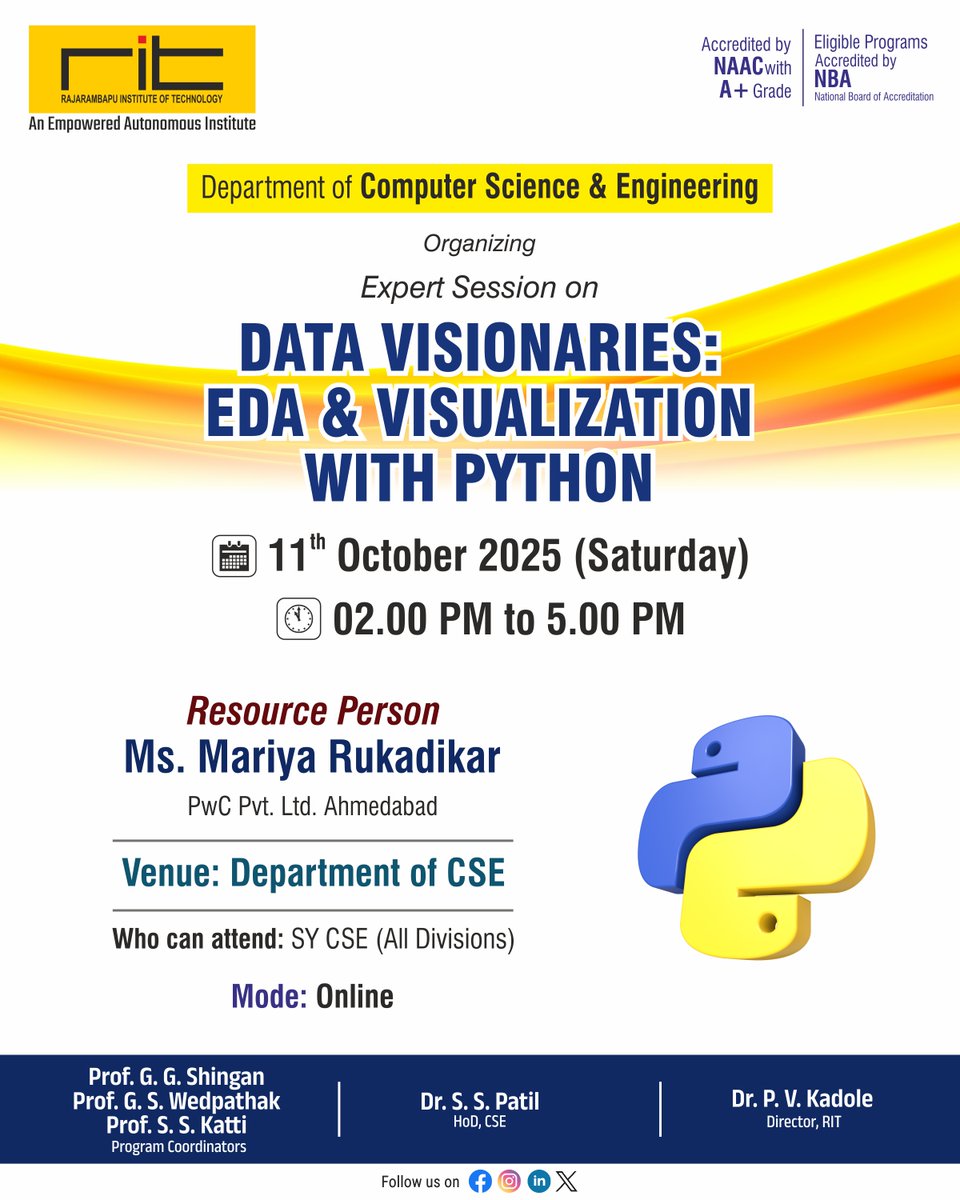 ritindia1983's tweet image. The Department of Computer Science &amp;amp; Engineering, RIT, is organizing an engaging expert session focused on Exploratory Data Analysis (EDA) and Data Visualization using Python. 📊🐍

Join us to explore how data shapes decisions and drives innovation! 🚀

#RITIslampur #CSEDept