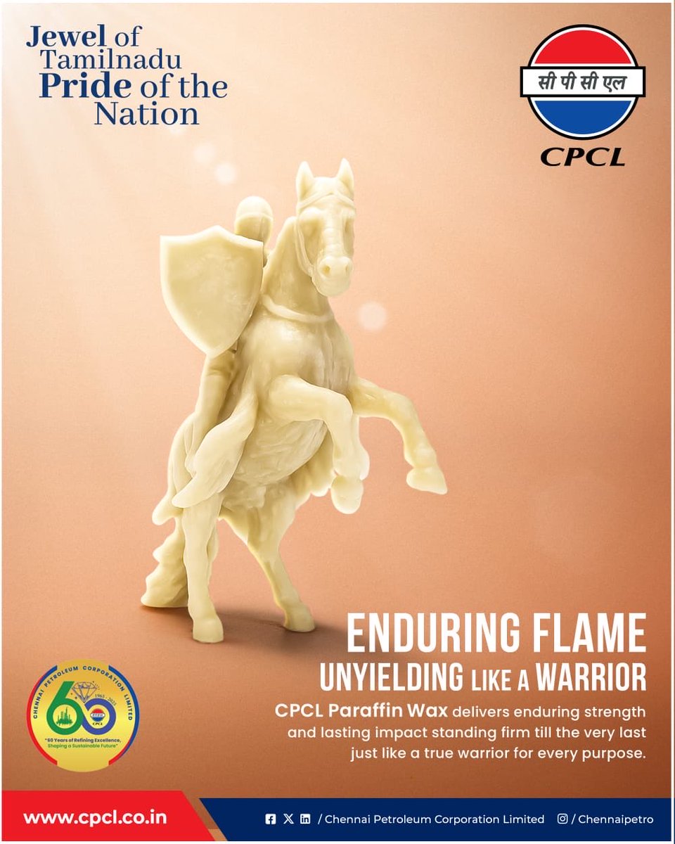 chennaipetro's tweet image. CPCL Paraffin Wax stands tall like a true warrior, unyielding and reliable for every purpose. A symbol of quality, resilience, and excellence, crafted with pride in Tamil Nadu for the nation. 

#CPCL #PrideOfTheNation #EnduringStrength #ParaffinWax #MadeInIndia #CPCLPower