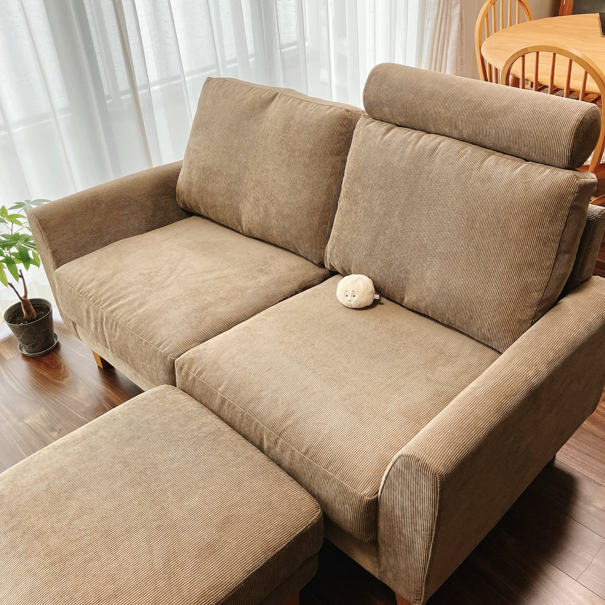 shirokumasensee's tweet image. MOMO NATURALソファが届いた。ナチュラルな雰囲気のリビングに🌱　ソファはオットマンとヘッドレスト付きなので座ってるだけで寝そう💤　カーテンはunico
#MOMONATURAL #unico #家具