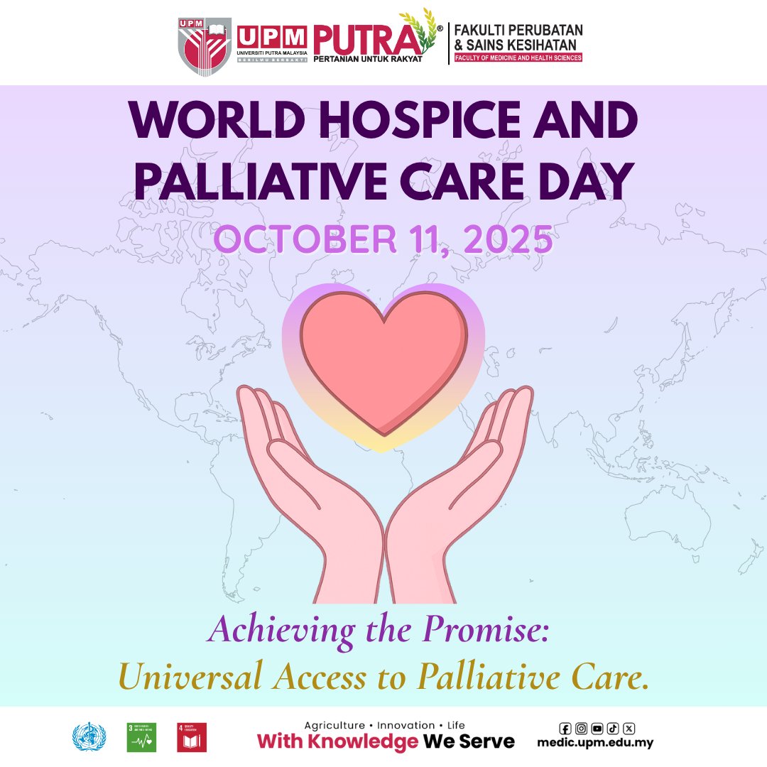 𝗪𝗢𝗥𝗟𝗗 𝗛𝗢𝗦𝗣𝗜𝗖𝗘 𝗔𝗡𝗗 𝗣𝗔𝗟𝗟𝗜𝗔𝗧𝗜𝗩𝗘 𝗖𝗔𝗥𝗘 𝗗𝗔𝗬 𝟮𝟬𝟮𝟱
medic.upm.edu.my/artikel/hari_h…

“Achieving the Promise: Universal Access to Palliative Care”  

#medicupm #fpskupm #WHPCD2025 #UniversalAccessToPalliativeCare #Sustainability@UPM #UPMGreenCampus