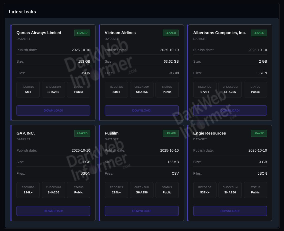 🚨Scattered Lapsus$ Shiny Hunters have leaked 6 companies

◾️Qantas Airways Limited - 153 GB
◾️Vietnam Airlines - 63.62 GB
◾️Albertsons Companies, Inc. - 2 GB
◾️GAP, INC. - 1 GB
◾️Fujifilm - 155MB
◾️Engie Resources - 3 GB
