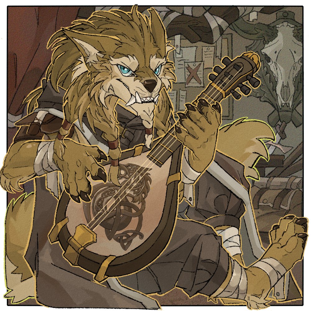 The werewolf version！ The bard I always wanna be!
Here's a brief introduction.
furaffinity.net/view/62591636/
是本体老金龙的狼人形态，纯正地当了回吟游诗人，
但是是隐藏的幕后老大（？
Art from WastelandHQ 獠牙荒犬