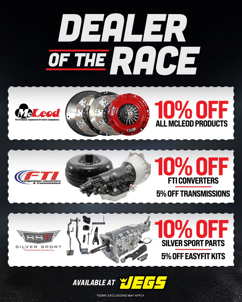 JEGSPerformance's tweet image. JEGS is your Dealer of the Race for the NHRA FallNats! Save 10% on all McLeod Clutches products, FTI Performance converters, and Silver Sport Transmissions parts, this week only! Don’t miss your chance to upgrade your setup and keep your performance at its peak.
Shop now.…