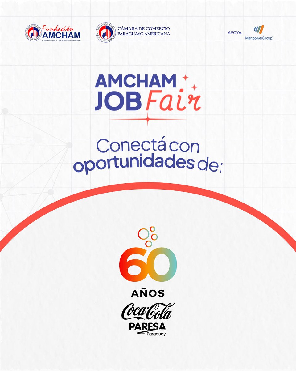 FundacionAMCHAM's tweet image. ¡La magia de @CocaCola_Py también va a estar presente en la AmCham Job Fair! 💫
En el espacio de PARESA, representante oficial de la marca en Paraguay, vas a poder descubrir oportunidades que refrescan el mundo y marcan la diferencia. ♻️