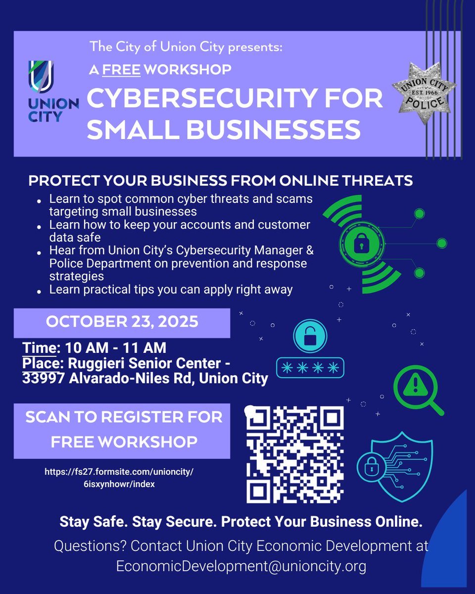 Cyber threats can hit any business — big or small. Learn how to keep your business safe online at Union City’s Small Business Cybersecurity Workshop.

Oct 23 | 10–11 AM | Ruggieri Senior Center
Free event — register now!

fs27.formsite.com/unioncity/6isx…

#MyUnionCity #UnionCityCA