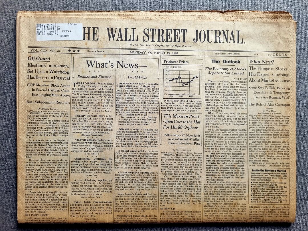soapboxuncle's tweet image. I have an old copy of the Wall Street Journal that was published on Black Monday (October 19, 1987). What many people may not recall is that there was a stock market plunge on Friday 16 October, and it is very reminiscent of what happened over the previous 24 hours. #StockMarket…