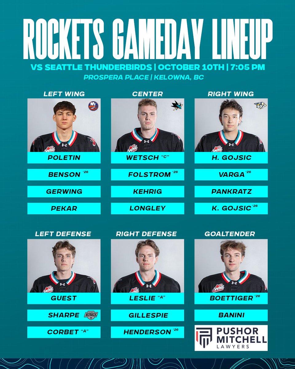 Lineup for tonight's home game against the Seattle Thunderbirds. Goaltender Harrison Boettiger is expected to make his WHL debut tonight!

Tickets are still available at selectyourtickets.com.

#RocketsHockey | #KelownaRockets