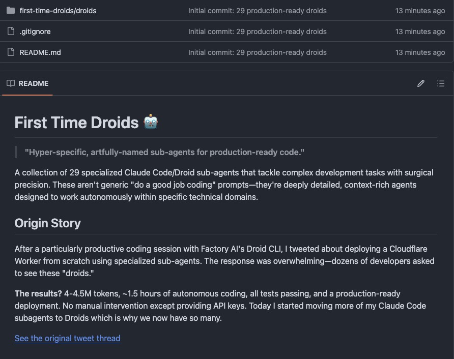 Social_Quotient's tweet image. As promised - my 29 @FactoryAI droids are now public. From my post yesterday there were a number of people that asked for the Droids I was using and coded. I got them all cleaned up and posted to this repo.
These are hyper-specific (and artfully named) sub agents with forced…