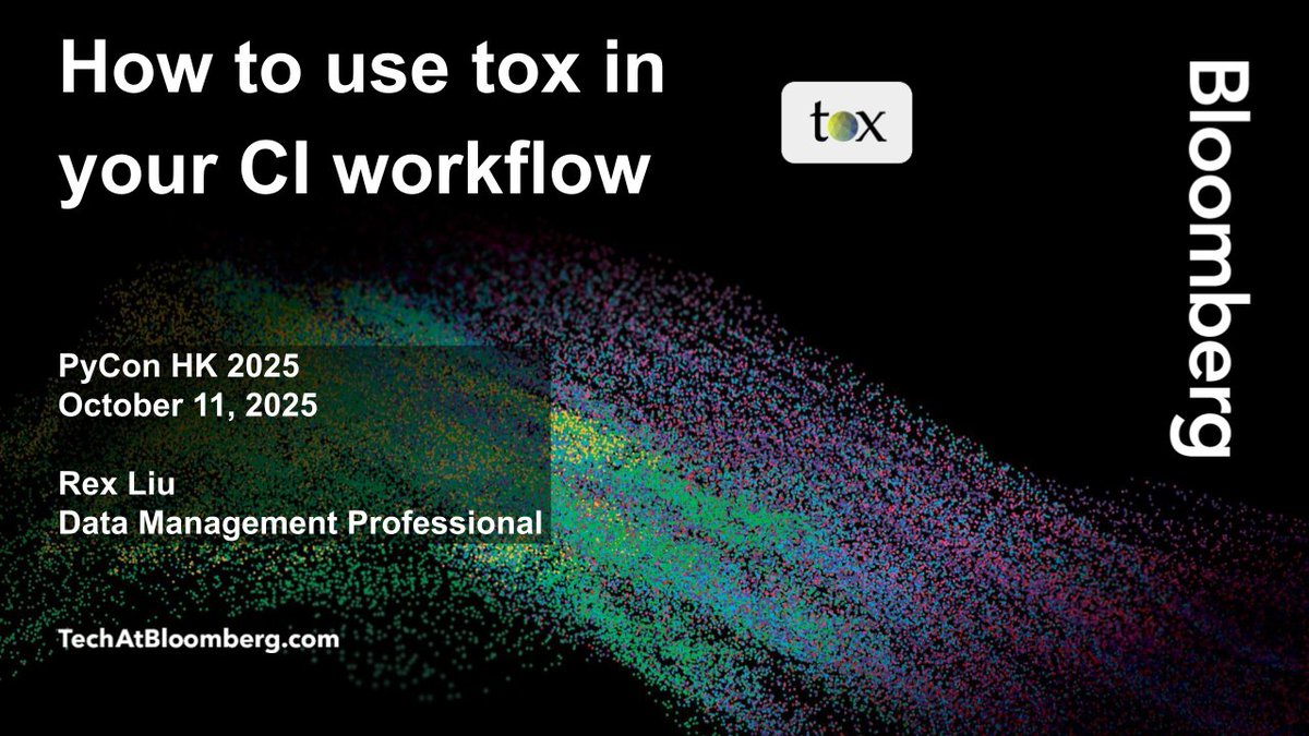 TechAtBloomberg's tweet image. In his #PyConHK2025 lightning talk today (5:30 PM HKT), Rex Liu of @Bloomberg&apos;s #Data Management Group discusses how one can use #tox to set up virtualenvs to automatically run format checks &amp;amp; test cases on #Python 🐍 code
bloom.bg/473XsIL
#opensource #PyPI