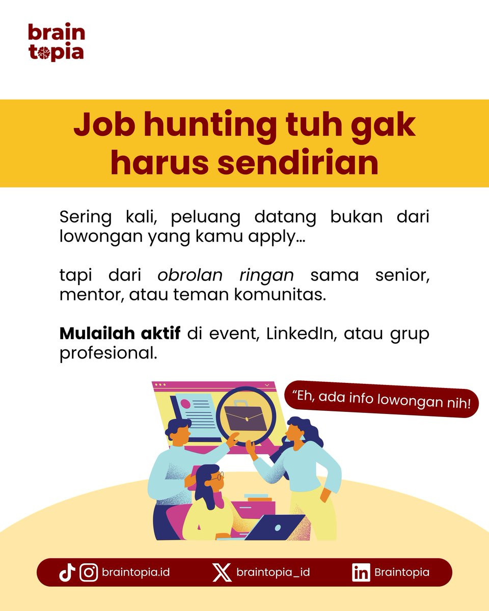 braintopia_id's tweet photo. Halo, Fresh Graduates! ���
Lulus itu senang, tapi bingung mulai dari mana? Coba 3 langkah ini:
1️⃣ CV relevan meski pengalaman minim
2️⃣ Networking, jangan jalan sendiri
3️⃣ Upgrade skill sedikit demi sedikit

#FreshGraduateTips #GenZCareer #JobseekerJourney #Braintopia https://t.co/18ZcvVnoJl