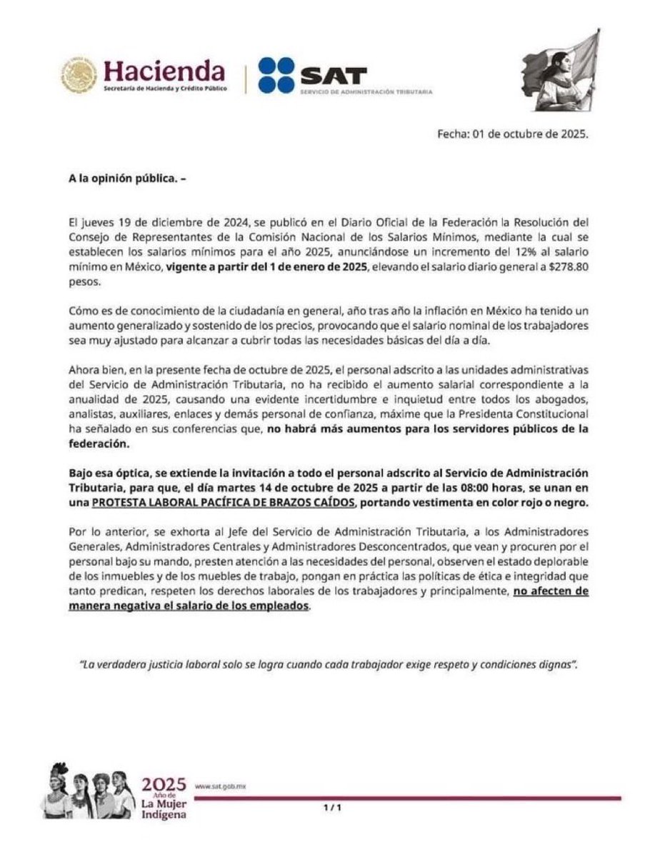 <a href="/arturoavila_mx/">Arturo Ávila.</a> <a href="/Claudiashein/">Claudia Sheinbaum Pardo</a> <a href="/RicardoMonrealA/">Ricardo Monreal A.</a> <a href="/LuisaAlcalde/">Luisa Alcalde</a> <a href="/fisgonmonero/">Rafael Barajas</a> <a href="/Navegaciones/">Pedro Miguel</a> <a href="/ivan_escalante/">Iván Escalante</a> <a href="/britoalfonso/">alfonso brito</a> <a href="/m_ebrard/">Marcelo Ebrard C.</a> <a href="/paus_silva/">Paulina Silva</a> <a href="/adan_augusto/">Adán Augusto López H</a> El PRIAN jamás!!! Les negó el aumento a los servidores públicos, jamás lo amenazaron con irse a huelga por falta de pago, la cuarta transformación solo llegó a desmadrar lo que funcionaba y no solo es el SAT también en <a href="/SENASICA/">Senasica</a> esperan el aumento de este año