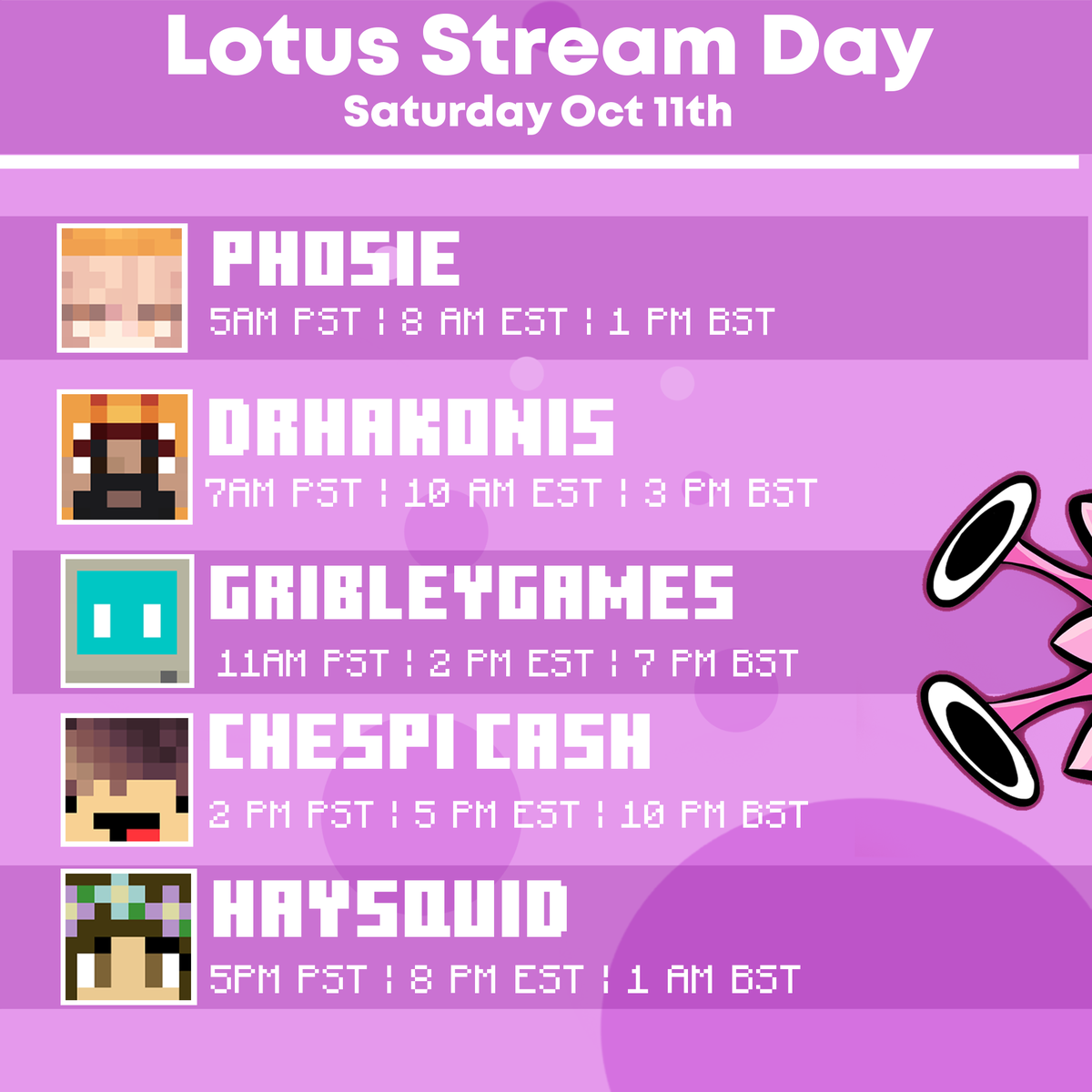CLEAR YOUR SCHEDULES!!! Lotus is having a stream day tomorrow, October 11th! 🪷
We have an awesome lineup of Petals who will be streaming at various times throughout the day! Get ready for some awesome adventures, Halloween preparations, and more!

#Minecraft #mcyt #LotusSMP