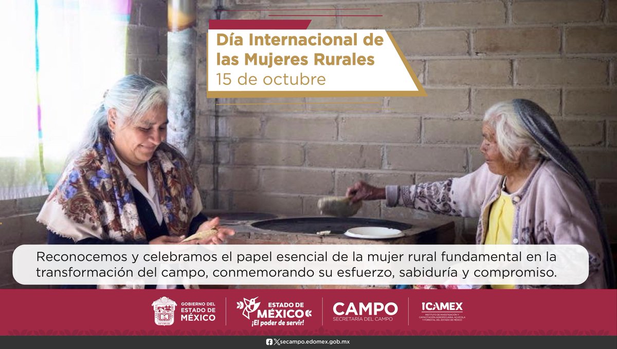 Reconocer y respetar el trabajo de las mujeres rurales es avanzar hacia un campo mexiquense más equitativo e incluyente, donde ellas son clave para la soberanía y
seguridad alimentaria.

#ElPoderDeServir #CampoICAMEX
#MujeresRurales