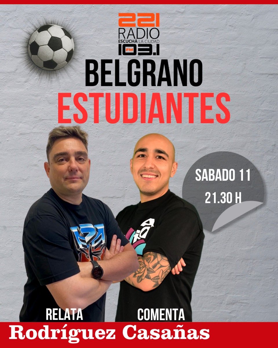 #221Radio #EDLP | ¡Juega Estudiantes!👇

🦁 <a href="/EdelpOficial/">Estudiantes de La Plata</a> vista a <a href="/Belgrano/">Belgrano</a> por la 12° fecha del #TorneoClausura 

⏰ Desde las 21:30, sumate a la previa de #221Fútbol

🎙️ Relata <a href="/jmrodriguez79/">Juan Ma Rodriguez</a> , los comentarios de <a href="/MartinCasanias/">Martin Casañas</a> y el trabajo de un gran equipo

📻 FM 103.1