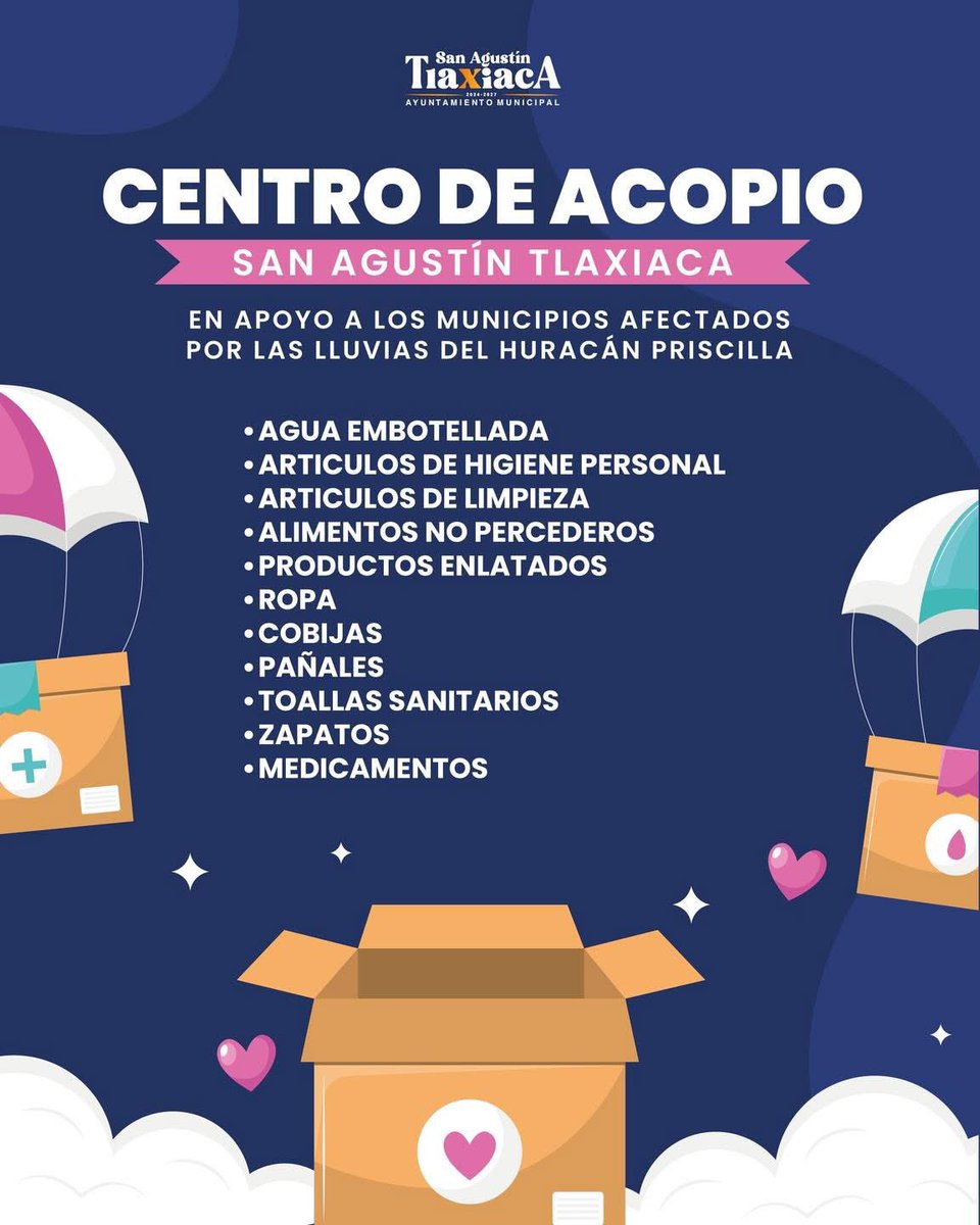 enfasisnoticias's tweet image. #Entérate 
El presidente municipal de San Agustín Tlaxiaca, Mario David Medina Hernandez abrió un #centrodeacopio 
en apoyo a las comunidades que resultaron afectadas por el #Huracanpriscilla 
📍 El centro está en la Presidencia Municipal.
 #TlaxiacaSolidario 
#Hidalgo