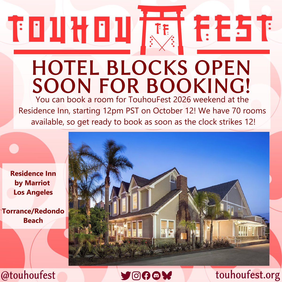 Hello, TouhouFest here! Wanna find a hotel for TouhouFest weekend? Well we have something for you!

We're partnering with the Residence Inn by Marriot LA to provide a hotel block for TouhouFest attendees! Booking opens Sunday.

#touhoufest #touhoufest2026 #東方フェス #東方Project