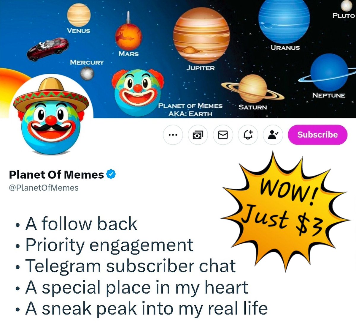 PlanetOfMemes's tweet image. If you would like to support my account and help justify to my wife why I spend way too much time online, consider becoming a subscriber. 

It&apos;s just three bucks and you will also earn a special place in my heart forever. ❤️