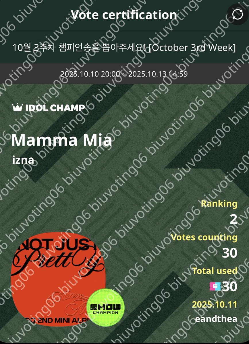 RT DEAL for #izna 
- SHOW CHAMPION 

✨30 pre votes #biuvotingproof 

🎉Available🎉 DM TO BUY / RESERVE 
30 votes for 1 SGD