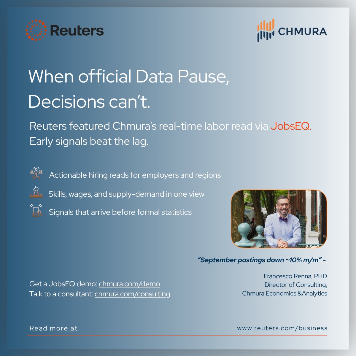 We were recently featured in Reuters. Using JobsEQ, our Director of Consulting Francesco Renna, PHD identified a clear signal: September job postings fell ~10% month over month.
JobsEQ:postings, skills, wages, supply-demand, benchmarking. Get a demo: hubs.la/Q03NbdCq0
