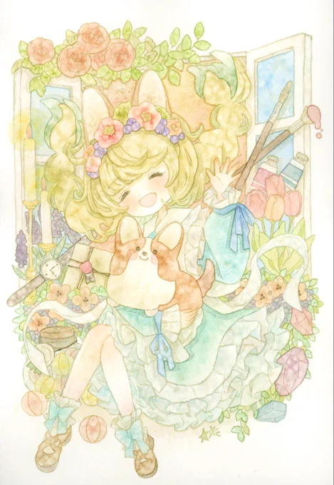 #日常原画収穫祭2025 透明水彩で動物とけもみみの女の子を中心にふわふわな雰囲気の作品を描いています。 好きに響いて頂けたら嬉しいです
