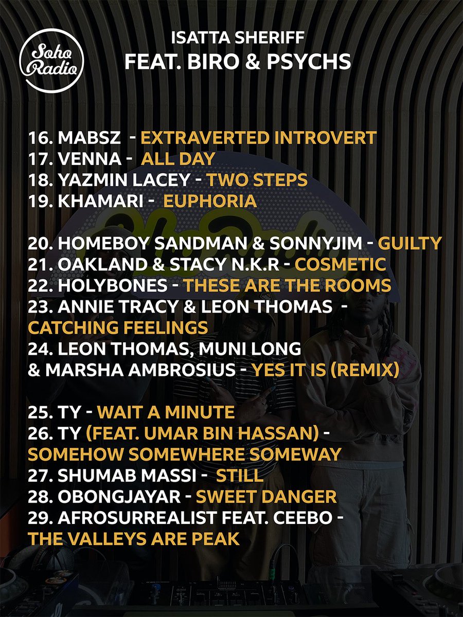 Tracklist to my last show on <a href="/sohoradio/">Soho Radio</a> feat. @simplybiro &amp; @psychs212 - they shelled! 

Clue to today’s guest in the Tracklist! 

Tune in at 4pm (Saturday 11th 

Listen here: sohoradio.com