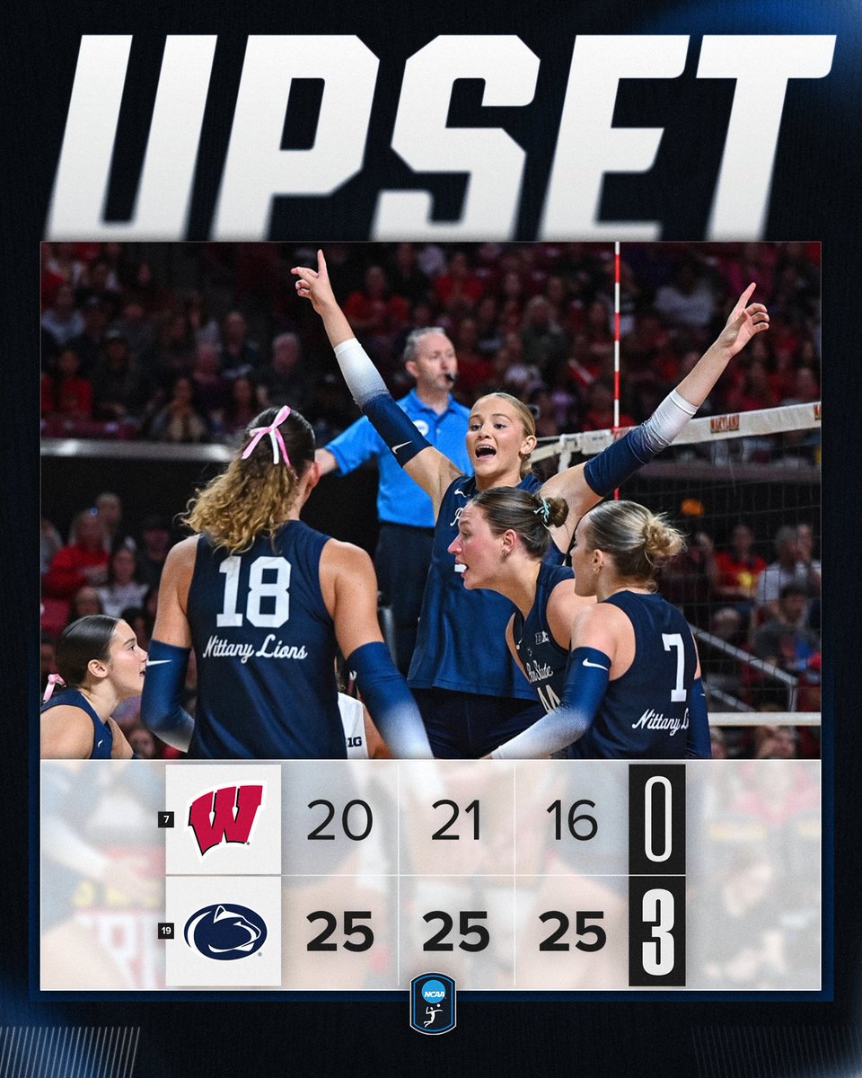 NCAAVolleyball's tweet image. PENN STATE WITH THE TOP 10 W 🦁

No. 19 @PennStateVBALL takes down No. 7 Wisconsin in three straight sets!

#NCAAWVB