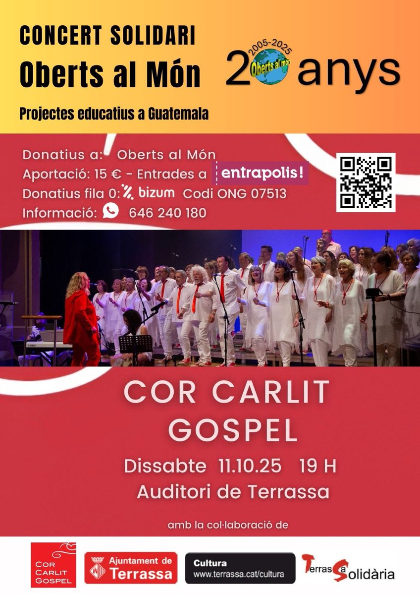 🌟 *Concert Solidari*🌟
Amb el Cor Carlit Gospel

🎟️ *Entrades:* entrapol.is/UHQLx
💚 *Fila 0*: Bizum - Codi ONG 07513
🗓 *Data:* Dissabte 11 d'octubre de 2025
🕖 *Hora:* 19:00h
📍 *Lloc:* Auditori de Terrassa
ℹ️ *Informació:* 646 240 180