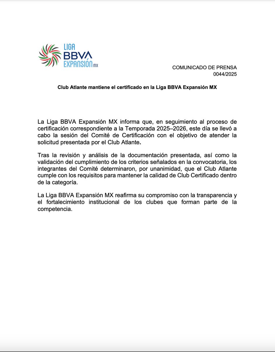 Comparto esta buena noticia con todos ustedes, fiel afición.

#SerAtlante
#SerDeHierro