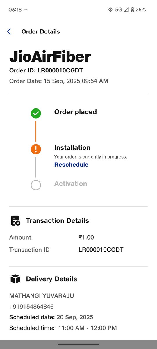 yuvarajmathangi's tweet photo. Dear @JioCare @reliancejio @JIOAIRFIBERIN 

I ordered Jio AirFiber on 15th Sept with installation scheduled for 20th Sept, but no one has contacted me till today (11th Oct). Kindly update me with a confirmed installation date. #JioAirFiber #CustomerSupport https://t.co/NYVJllZsV2