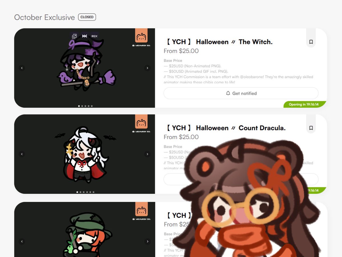 OPENING TOMORROW 〃 🎃✨

halloween-exclusive chibis will be releasing TMR at 1:00pm PDT! there are a very LIMITED amount of slots available so i can finish them in advance.

this will be the only opening! let me and <a href="/oleobarone/">Barao 🐵👑</a> make you the cutest, spoopiest gremmy! 🩸