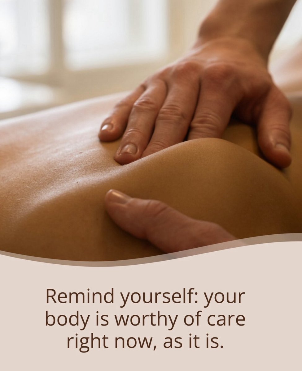 MASSAGE THERAPIST (@alice_masseuse) on Twitter photo Next time you think "I'll book a massage when I lose weight" or
"I don't look the part," remind yourself: your body is worthy of care right now, as it is. Next time you think "I'll book a massage when I lose weight" or
"I don't look the part," remind yourself: your body is worthy of care right now, as it is.