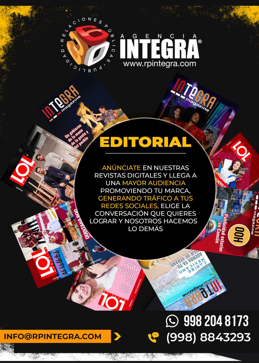 CancunClub1's tweet photo. ¡Da un paso adelante con @rpintegra y potencia tu presencia digital! 📰✨Anúnciate con ellos y sus prestigiosas revistas digitales, @INTEGRAMAGAZINE y @lolmagazine1 Generan contenido editorial de calidad 🚀 #RevistasDigitales #ContenidoDeCalidad #Integra360 https://t.co/QDktZ7b4Vg