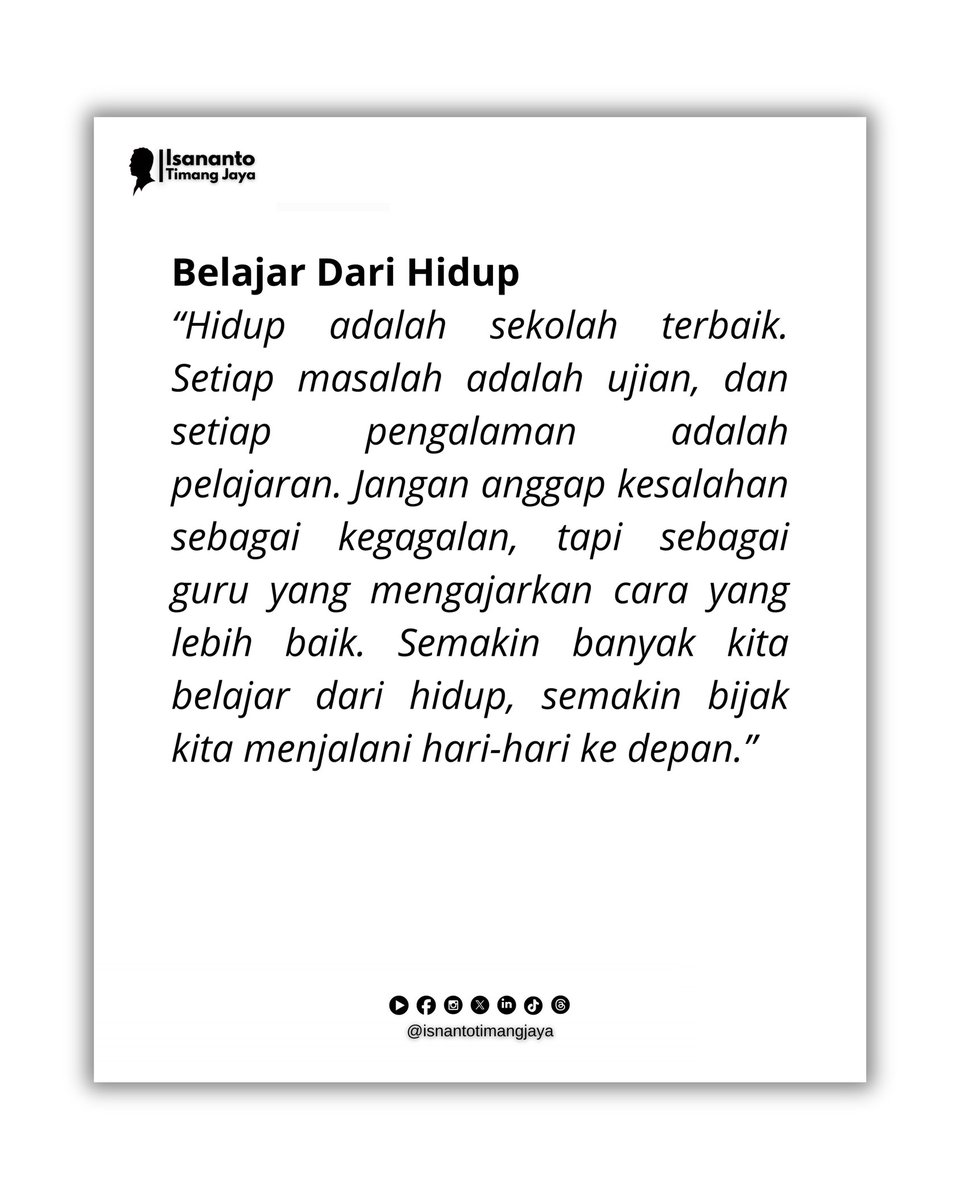 sahabat_timang's tweet photo. Belajar Dari Hidup
Hidup adalah sekolah terbaik. Setiap masalah adalah ujian, dan setiap pengalaman adalah pelajaran. 
#motivasi #hidup #belajar #sekolah #masalah #ujian #kesalahan #pengalaman #guru #bijak #timangjaya #isnantotimangjaya #katakatahariini #quotes https://t.co/d0I1ctMjXN