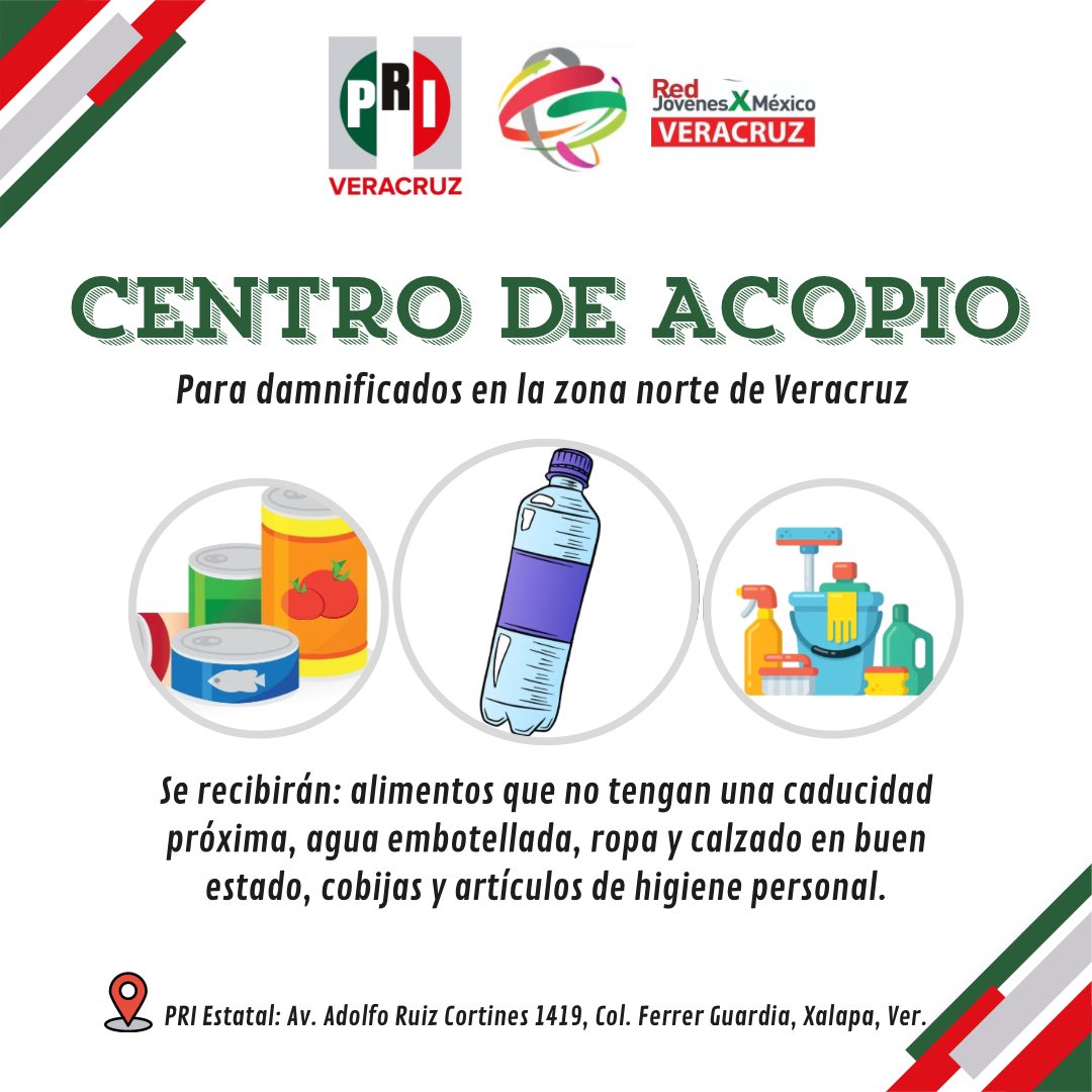 CDE PRI Veracruz (@priveracruz_) on Twitter photo 🗣️ ¡Súmate a ayudar! 🤝🏽
La Red de Jóvenes x México Veracruz y el <a href="/PRIVeracruz_/">CDE PRI Veracruz</a>, en apoyo a las y los damnificados de la zona norte del estado, instalan un ‘Centro de Acopio’.
Puedes donar en:
📍Av. Adolfo Ruiz Cortines 1419, Col. Ferrer Guardia, #Xalapa, Ver.
¡Cada gesto suma! 🗣️ ¡Súmate a ayudar! 🤝🏽
La Red de Jóvenes x México Veracruz y el <a href="/PRIVeracruz_/">CDE PRI Veracruz</a>, en apoyo a las y los damnificados de la zona norte del estado, instalan un ‘Centro de Acopio’.
Puedes donar en:
📍Av. Adolfo Ruiz Cortines 1419, Col. Ferrer Guardia, #Xalapa, Ver.
¡Cada gesto suma!