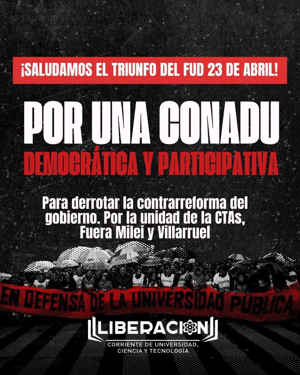Celebramos la victoria del FUD 23 de abril porque abre un nuevo camino para el movimiento y la docencia universitaria en la lucha contra el fascismo.

Que la universidad se pinte de pueblo!

#FueraMilei
#FueraVillarruel
#UniversidadPublicaSiempre