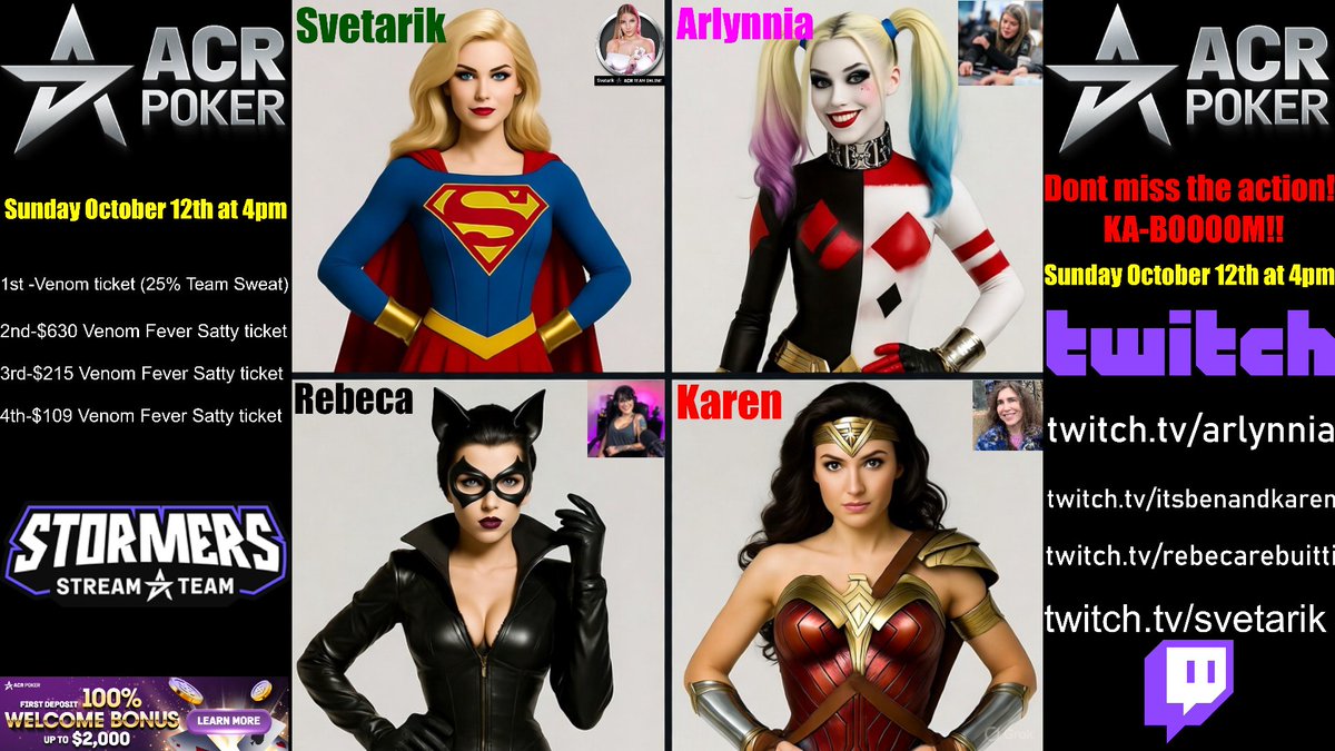 DO NOT MISS!! <a href="/ACR_POKER/">ACR Poker</a> Sunday Oct. 12th @ 4pm EST, watch the unstoppable ALL FEMALE TEAM compete for a Venom Ticket + 25% Team Sweat! 
🔥🔥
1st time 4 <a href="/ACRSTormers/">ACRSTormers</a> live stream collab spanning 3 languages, all for the love of the game! These women are crushers - watch out boys!
