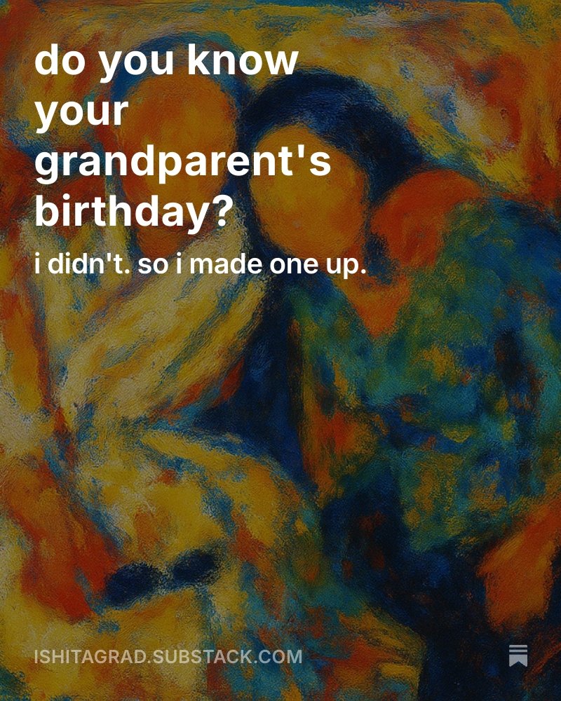 IShreshtha's tweet image. i always looked forward to my birthday bc my family would celebrate it with so much gusto. but it took me 15 years to realise that we never celebrated my grandma's birthday.
this is your sign - go celebrate your grandparents until it is too late!