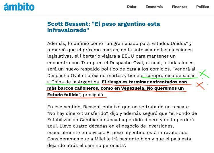 AMENAZA

Si lo dicho por SCOTT BESSENT sobre la relación ARG-CHINA es grave en términos comerciales, es inaceptable la AMENAZA DE BOMBARDEARNOS si nos transformamos en un “ESTADO FALLIDO”.

Alarma el silencio general tamaña amenaza.
PRESTEMOS ATENCIÓN, ES MUY GRAVE