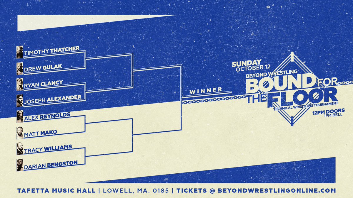 beyondwrestling's tweet image. THIS SUNDAY at 1PM!

Beyond Wrestling &quot;Bound For The Floor&quot; technical wrestling tournament plus @coldbrewjones defends the @WWEID Title vs. @TJCWrestling, @willkroos/@PerfectAaron1, and Shooter Boys/Starstruck:

beyondwrestlingonline.com/lowell

Only 5 minutes away from #TNABoundForGlory!
